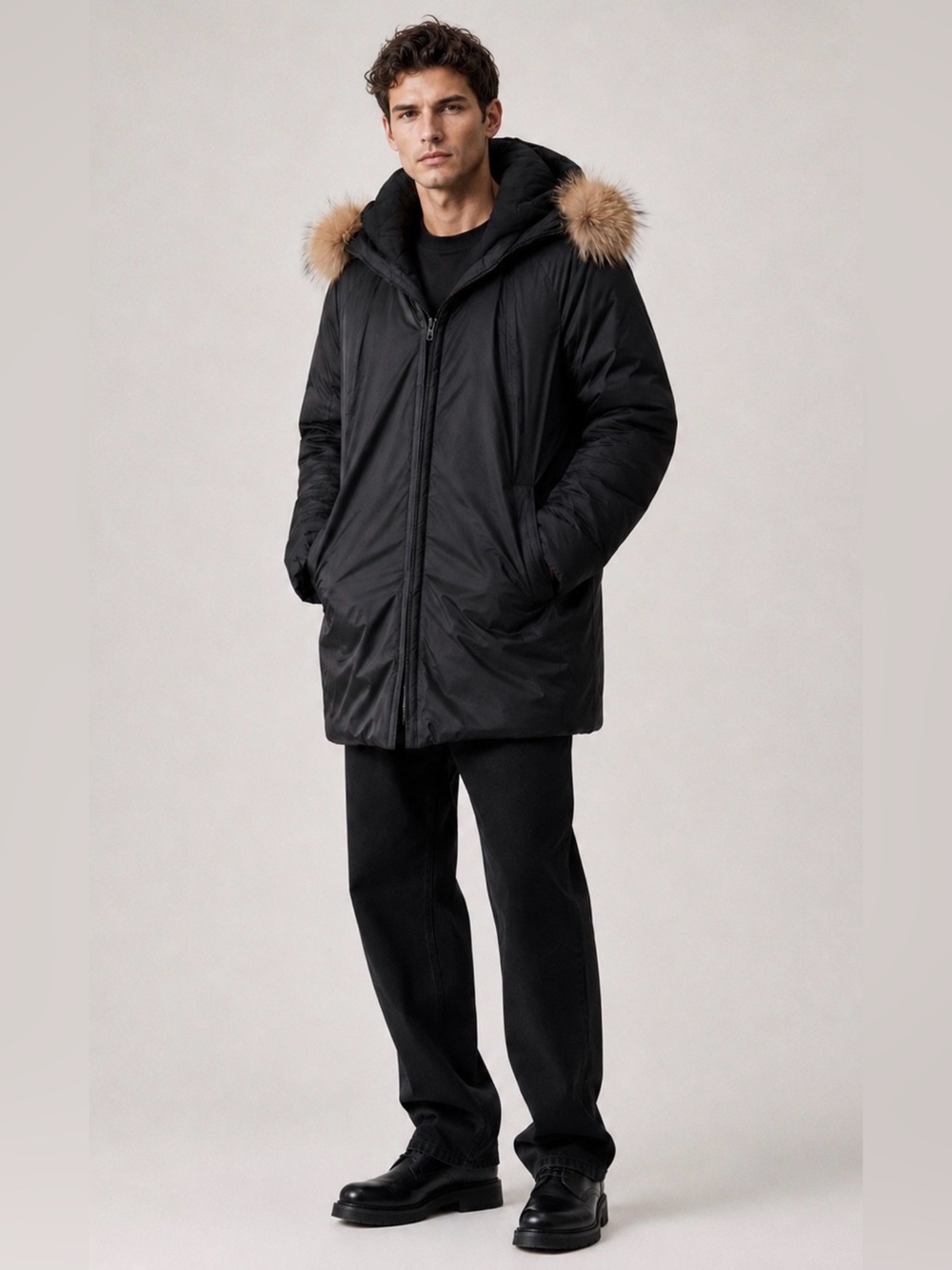 Helmut Lang Rare Black Hooded Parka Coat Fur Trim Medium Minimalist Designer